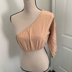 12th Tribe Orange Pink Asymmetrical Ruched Crop Top